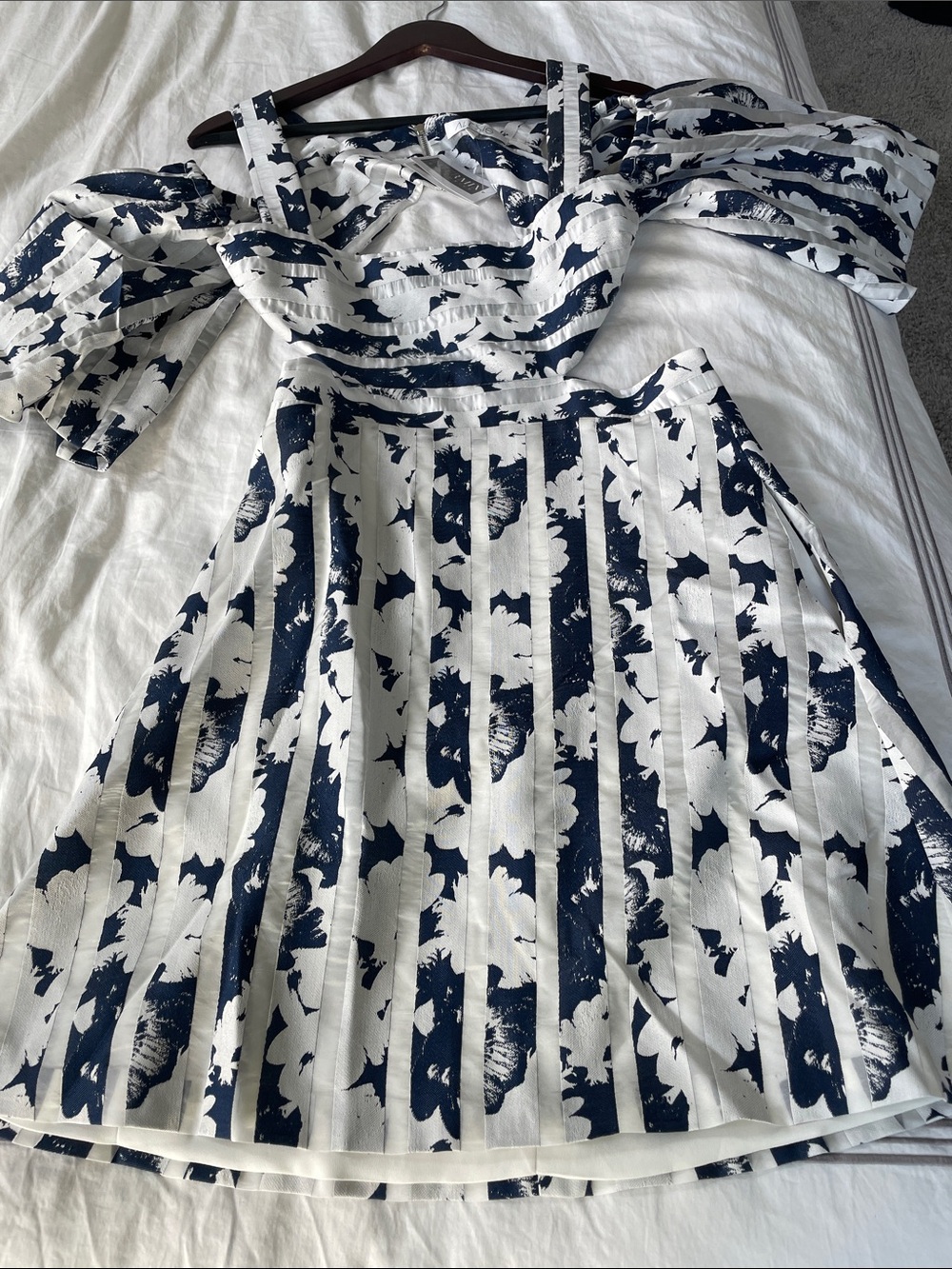 Alexis Navy, Silver, & White Striped Floral Off-Shoulder Dress